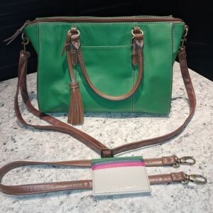 Tignanello Green and Brown Leather Handbag With Extra Strap And Card Wallet